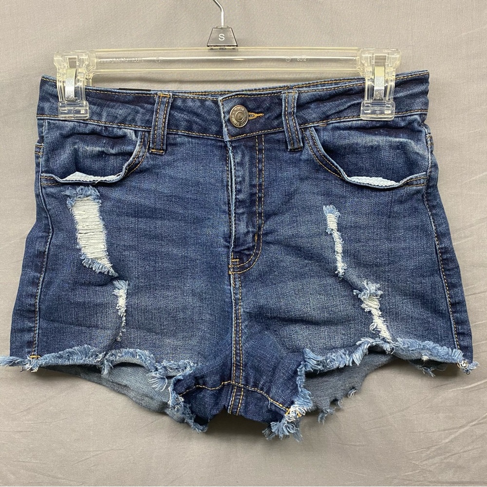 Almost Famous High Waist Raw Hem Blue Jean Shorts Distressed Teen Size |‎ 3